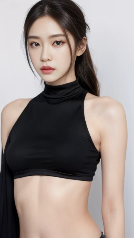 (Best Quality, 8K, 32K, Masterpiece, Ultra HD: 1.2), (K-Pop Idol: 1.3), 1 Girl, (Large: 1.2), (Longhair), Abs, Perfect Figure, Ultra Slender Face, Delicate Lips, Beautiful Eyes Double eyelids ((black crop top)) (pony) 