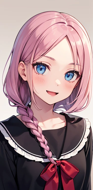 Realistic、1girl、pink hair、blue eyes、(eye focus:1.3,face focus:1.3,upper body:1.5),(gradient eyes:1.3),(blouse)、open mouth,(shy smile:1.3),forehead,braided bangs、cute face,portrait,beach、