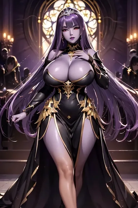 masterpiece,super detailed,shiny skin,A beautiful demon queen in her 20s,(solo),Full body,(platinum blode:1.3),(red eyes),precisely drawn face,(condescending eyes),(big square eyes),(high and well-shaped nose),evil smile,(colored skin, light purple skin:1....