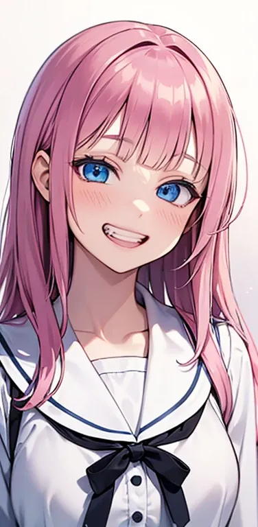 Realistic、1girl、fluorescence　pink hair、blue eyes、(eye focus:1.3,face focus:1.3,upper body:1.5),(gradient eyes:1.3),(blouse)、smiley face,open mouth,(grin:1.3),blunt bangs、cute face,portrait,