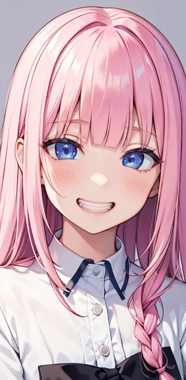 Realistic、1girl、fluorescence　pink hair、blue eyes、(eye focus:1.3,face focus:1.3,upper body:1.5),(gradient eyes:1.3),(blouse)、smiley face,open mouth,(grin:1.3),blunt bangs、cute face,portrait,