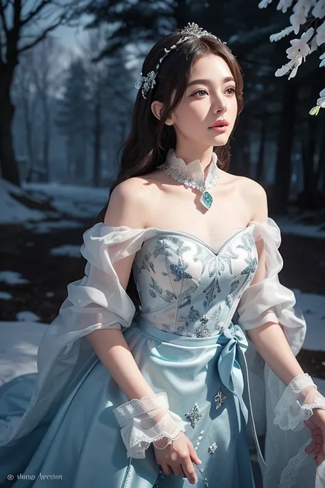 In a world blanketed in snow, there stands a woman of breathtaking beauty. Her hair, as pure as freshly fallen snow, cascades down around her shoulders, shimmering in the light. With eyes sparkling like diamonds, she gazes out across the snowy landscape. B...