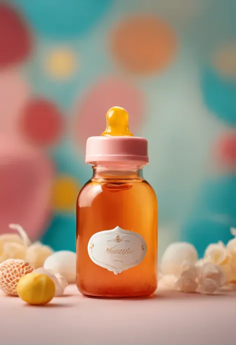 cute baby bottle（Realistic photography style）Product photography effects，There are building blocks and props around，Just thinking is great