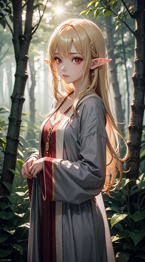 Beautiful translucent girl in a gray robe standing in a dark forest,elf,golden hair,long hair,red eyes, epic style, beautiful face, masterpiece,Lens flare,magic light