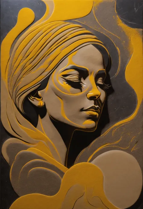 A painting depicting a stylized portrait of a woman is painted on dark marble with sand, sand painting, sand art, dark marble and yellow sand