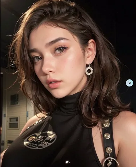 un primer plano de una mujer vestida con un top negro y aretes plateados, Dua Lipa, Retrato de Sophie Mudd, charli bowater, cerveza madison, imagen filtrada, bella hadid, bella poarch, soft devil queen cerveza madison, mirada sexy, Kailee Mandel, julia sar...