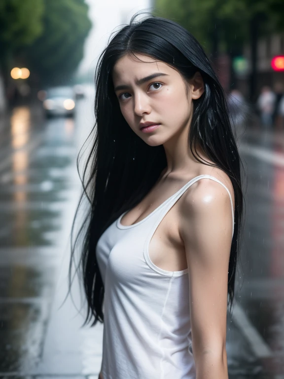 best image quality、8K、sad expression、((tears flow))，Tank top、cargo pants、16 years old，delicate body，small breasts，black haired，long hair，Streets of Paris、whole body、look back、heavy rain、soaked