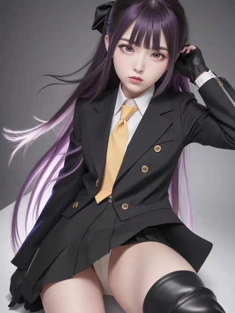 realistic photo、masterpiece, highest quality, high resolution, akyoko, long hair, purple hair, side blade, dull bangs, hair ribb...