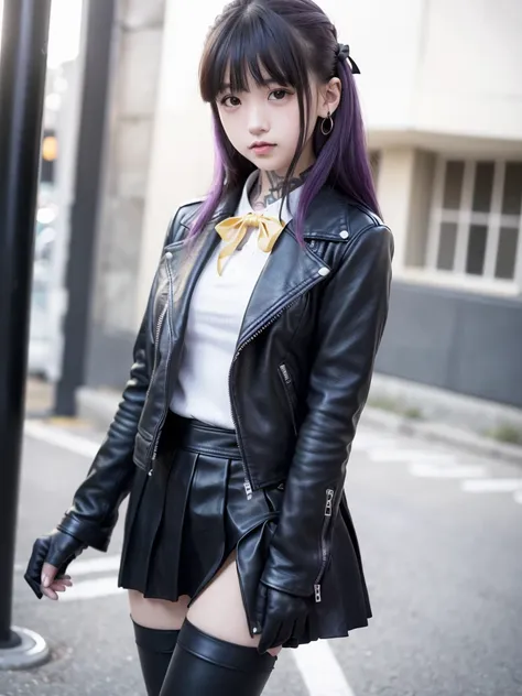 Super high quality、High definition、high contrast、Vivid colors、1 girl、15 years old、15 years old、((childish face))、Cheeky face、(fearless smile)、realistic photo、masterpiece, highest quality, High resolution, Akyoko, long hair, purple hair, side blade, dull ba...