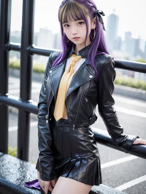 Super high quality、High definition、high contrast、Vivid colors、1 girl、15 years old、15 years old、((childish face))、Cheeky face、(fearless smile)、realistic photo、masterpiece, highest quality, High resolution, Akyoko, long hair, ((purple hair)), side blade, dul...