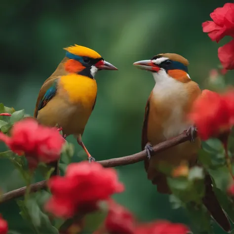 Beautiful birds standing on flowers，Talking with a mouth in his lap