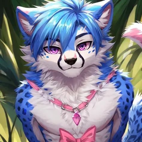 cute wolf furry, male, blue fur and pink, cheetah spotted fur, blue and pink eyes,