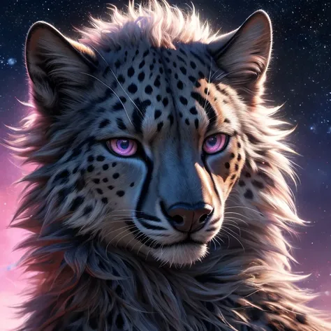 (best quality,4k,8k,highres,masterpiece:1.2),ultra-detailed,(realistic,photorealistic,photo-realistic:1.37),fluffy-haired,beautiful stars in the background,cute gay wolf furry,male,solo,blue fur and pink,cheetah spotted fur,blue and pink eyes,black Tuxedo,...