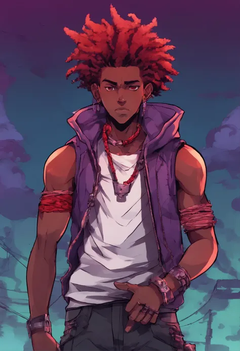 (foco frontal),Anime - style illustration of a boy with an oversized Red tank top and chain around his waist, "(best quality,ultra-detalhado),detailed right hand,(Luva sem dedos,Gloved hands)(red and purple braided dreadlocks),Holding a Switch Blade" anime...