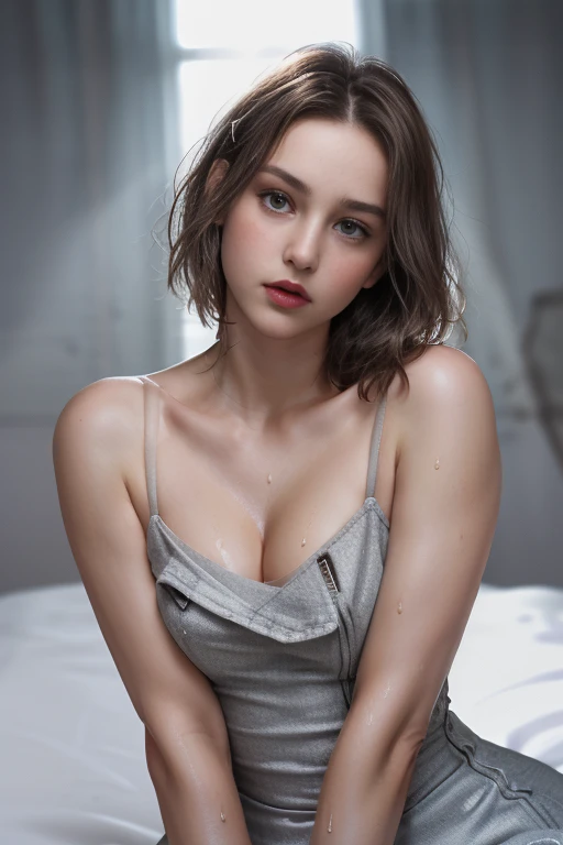 Photorealistic blurred woman, ((gray camisole dress with fur coat)), detailed short messy hair, mid shot, detailed skin, detailed slender body, pale blue eyes, natural skin texture, skin details, small breasts, wet skin, moist body, shiny skin, oily skin, ...