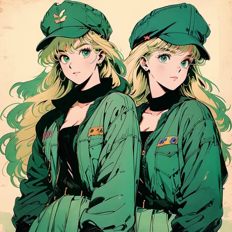 anime girl, 90s anime, vintage classic anime aesthetic, fashionable, soft expression, cleavage, big breasts, smiling, straight blonde hair, cute, soldier girl, green military clothing, military cap green, girl solo