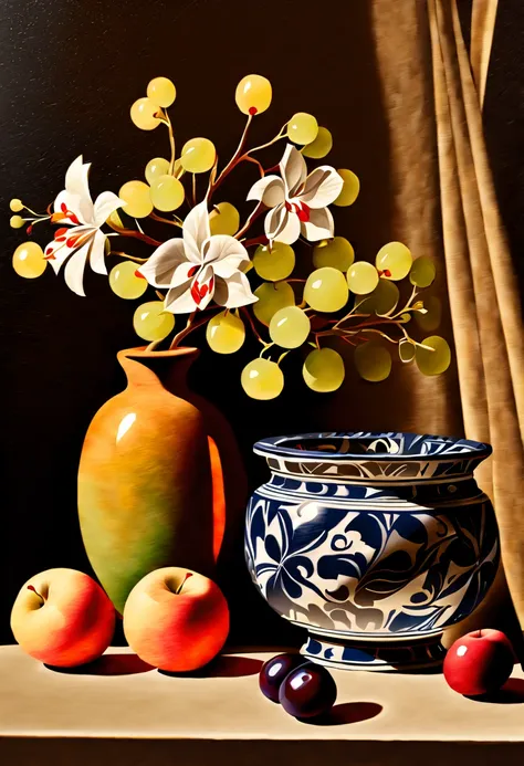 (Dibujo con carboncillo bien definida:1.4), (abstracto:1.5), (mesa con mantel blanco largo, jarron con flores hermosas y silvestres, manzana , ramo de uvas en una frutera, tela arrugada cayendo en una esquina de la mesa, ( fondo oscuro,efecto de luz y somb...