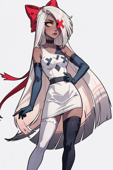 (vaggie:1.0), (casual outfit, white dress, stockings, gloves:1.5), (pastel-pink sclera, black pupil, grey skin, white hair, long...