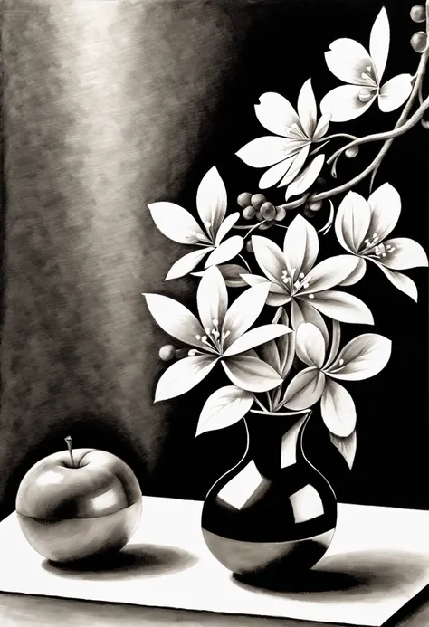 (Dibujo con carboncillo, charcoals for drawing bien definida:1.4), (abstracto:1.5), (mesa con mantel blanco largo, jarron con flores hermosas y silvestres, manzana , ramo de uvas en una frutera, tela arrugada cayendo en una esquina de la mesa, ( fondo oscu...