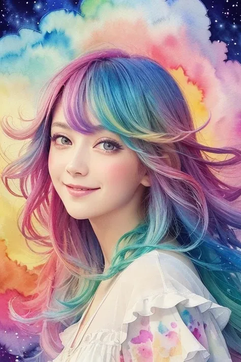 (masterpiece, highest quality, highest quality, watercolor (Moderate), official art, beautiful and aesthetic: 1.2), (1 girl: 1.3), (fractal art: 1.3), morning, Good morning, smile, sunny day, Hilarious, look viewer, pattern, Wave, (rainbow colored hair, co...