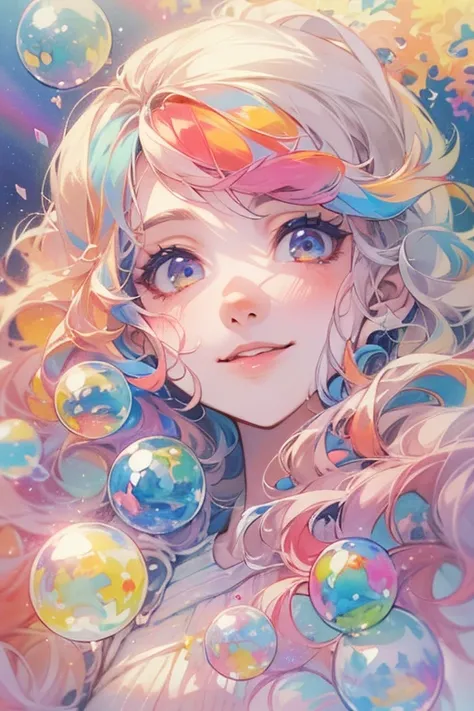 (masterpiece, highest quality, highest quality, watercolor (Moderate), official art, beautiful and aesthetic: 1.2), (1 girl: 1.3), (fractal art: 1.3), morning, Good morning, smile, sunny day, Hilarious, look viewer, pattern, Wave, (rainbow colored hair, co...