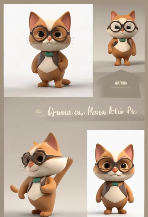 Cartoon character of an indian cat wearing glasses with a pointy moustache that looks like Gandhi, Caractere estilizado, animation style rendering, 3D estilizado, Arnold Maya render, 3 d render stylized, toon render keyshot, Personagem 3D, Personagem 3D, 3...