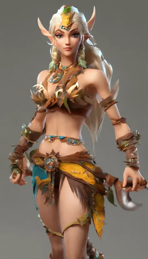 Full body 3D character on white background,barbarian elf, class breaker,rune mastery skills ,lightning element,leaf tribal clothing leaves shirtless style and body full of white rune tattoos, dark yello eyes,female with a sexy,pulmp, muscular full body, fi...