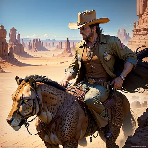 There was a man riding a cheetah on his back with a hat on. Beeple and Jean Giraud Drawing style of James Gurney, Jean-Sebastian Rossbach, John Banovich, Western cartoon art. western comic book art Cowboys in the Wild West by James Gurney by Ryan Barger Ro...