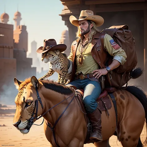 There was a man riding a cheetah on his back with a hat on. Beeple and Jean Giraud Drawing style of James Gurney, Jean-Sebastian Rossbach, John Banovich, Western cartoon art. western comic book art Cowboys in the Wild West by James Gurney by Ryan Barger Ro...