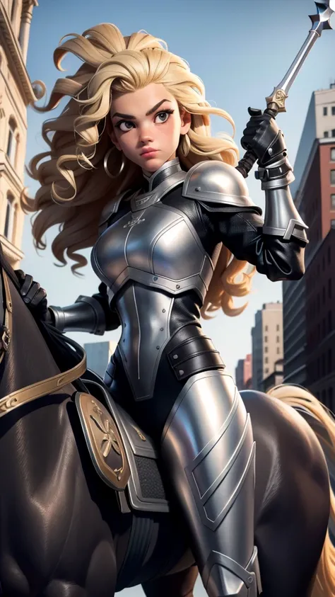 Blonde afro hair, Caucasian girl, teen, BLACK leather suit, athletic build, grey street background, armored IN LEGS, :metalic horse:, holding a metal spear