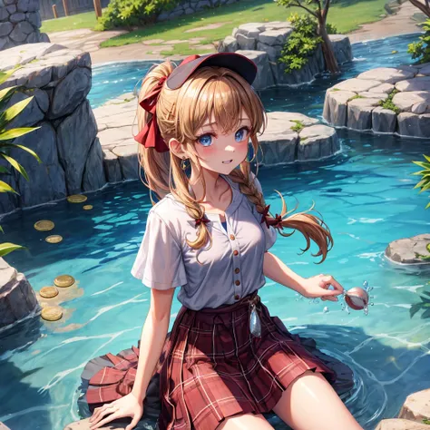 reddish-brown blonde、blue eyes、Braid、ponytail、one good looking girl、solo、anime、plaid mini skirt、the skirt has buttons、camisole、black t-shirt、dress、wearing a ribbon、ribbon at waist、cloak、Crystal Grotto、hood、desert、clouds are swirling、stone slabs are piled u...