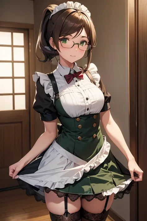 1 girl, alone, Katori (KanColle), brown hair, folded ponytail, parted bangs, green eyes, Glasses, rimless eyewear, maid,full body,fishnet thighhighs,garter belt,