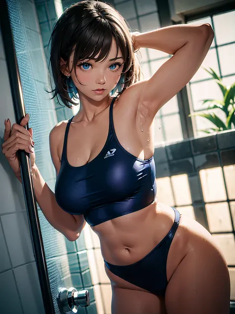 (very detailed face, full hd, 4K, photorealistic), A 25 years old woman, taking a shower, broad shoulders, big lungs, wide hips, white skin, brown hair, very short hair and straight hair with a fringe, light blue eyes, very thick lips, thin eyebrows. weari...