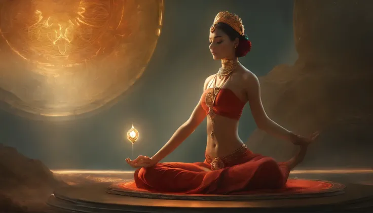 Woman sitting in lotus position holding chakrai wheel, chakra, ajna chakra, artgerm julie bell beeple, Debian Art Art Station cgscosiety, Divine Feminine, Just kidding, kundalini energy, Brilliant art!!!, gorgeous aura, 천골 chakra, Psychedelic Goddess, aura...