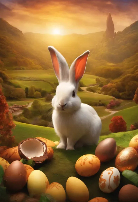 Conejo de pascuas, sentado al rededor de huevos de pascuas, in a fantasy landscape , dibujos de formas de chocolate 