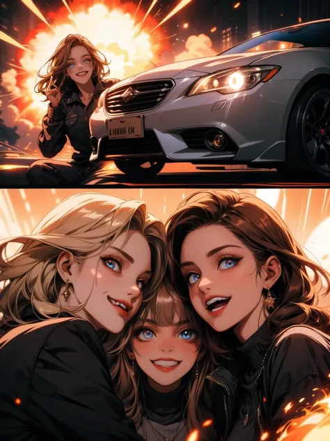 masterpiece, four women, brown hair, blond hair, smirk, grin, laugh, evil, smile, exploding car in the background