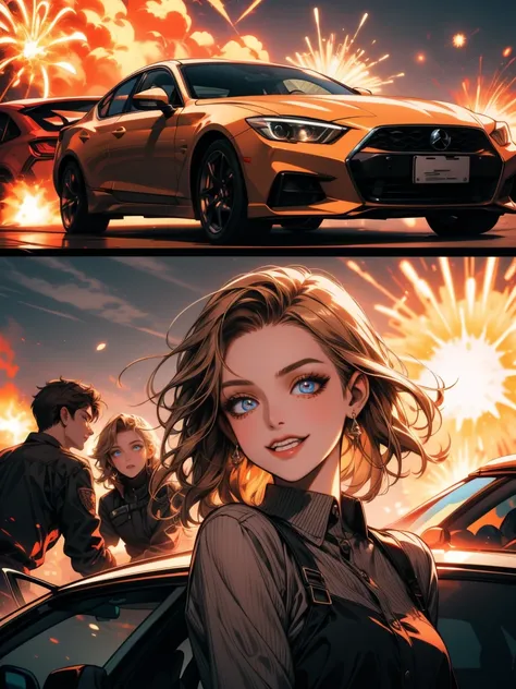 masterpiece, four women, brown hair, blond hair, smirk, grin, laugh, evil, smile, exploding car in the background