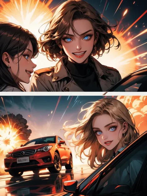 masterpiece, four women, brown hair, blond hair, smirk, grin, laugh, evil, smile, exploding car in the background