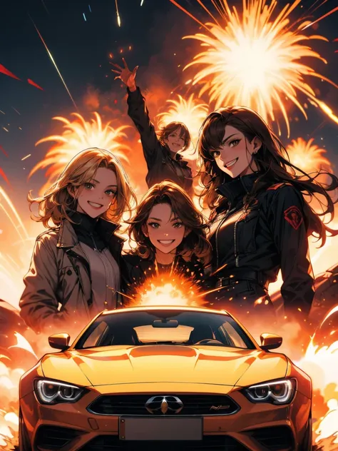 masterpiece, four women, brown hair, blond hair, smirk, grin, laugh, evil, smile, exploding car in the background