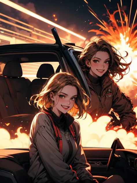 masterpiece, four women, brown hair, blond hair, smirk, grin, laugh, evil, smile, exploding car in the background