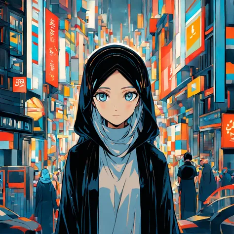 Craft an anime-style close-up portrait of a 24-year-old woman, her unadorned eyes reflecting serenity and inner peace, draped in a black Abaya and Khimar Hijab. Behind her, the bustling streets of a modern city blur into the background, symbolizing the har...