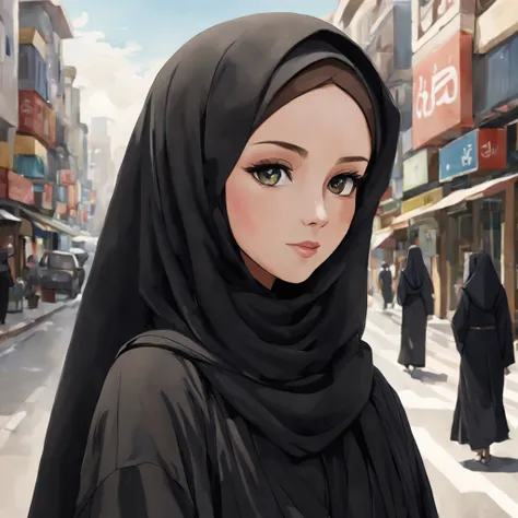 craft an anime-style close-up portrait of a 24-year-old woman, her unadorned eyes reflecting serenity and inner peace, draped in...