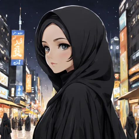 Craft an anime-style close-up portrait of a 24-year-old woman, her unadorned eyes reflecting serenity and inner peace, draped in a black Abaya and Khimar Hijab. Behind her, the bustling streets of a modern city blur into the background, symbolizing the har...