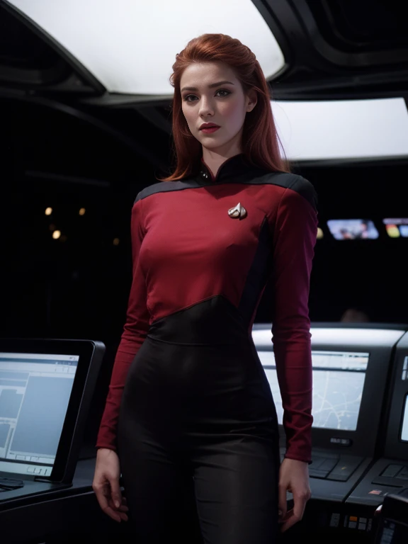 
super realistic image, high quality uhd 8K, of 1 girl, detailed realistic ((slim body, high detailed)), (tall model), redhead, long ginger hair, high detailed realistic skin, ((star trek USS Enterprise Captain red full Uniform)), real vivid colors, standi...