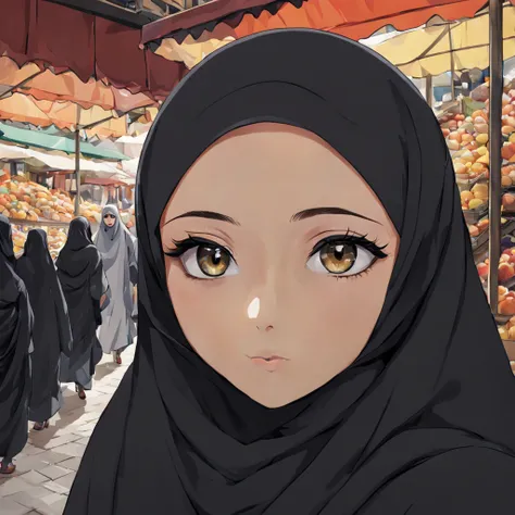 Create an emotionally resonant anime-style artwork featuring a detailed close-up of a 24-year-old womans face, veiled in a black Abaya and Khimar Hijab. Surrounding her, a bustling marketplace comes to life, bustling with activity and vibrant colors, symbo...