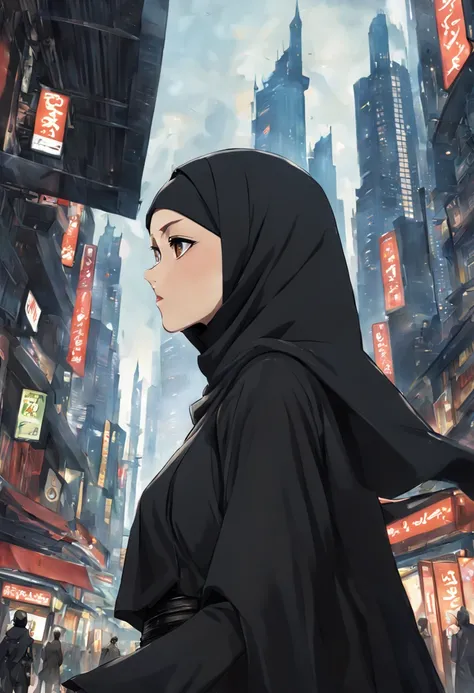 Illustrate a thought-provoking anime-inspired depiction of a young womans face, aged 24, adorned in a black Abaya and Khimar Hijab. Behind her, a futuristic cityscape stretches into the distance, dotted with towering skyscrapers and bustling streets, symbo...