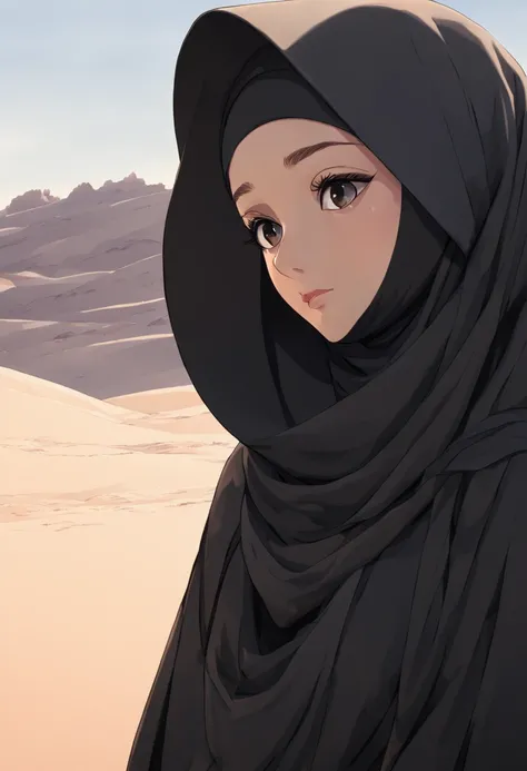 Develop a poignant anime-style illustration showcasing the extreme close-up of a 24-year-old woman draped in a black Abaya and Khimar Hijab. In the background, a serene desert landscape unfolds, bathed in the soft light of dawn, symbolizing the timeless be...