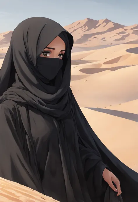 Develop a poignant anime-style illustration showcasing the extreme close-up of a 24-year-old woman draped in a black Abaya and Khimar Hijab. In the background, a serene desert landscape unfolds, bathed in the soft light of dawn, symbolizing the timeless be...