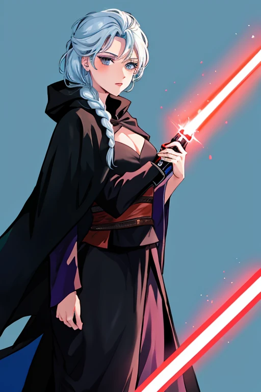 Disney princess from Frozen dressed in a black Sith robe and holding a red Star Wars-style lightsaber in her hands, with the clone army in the background