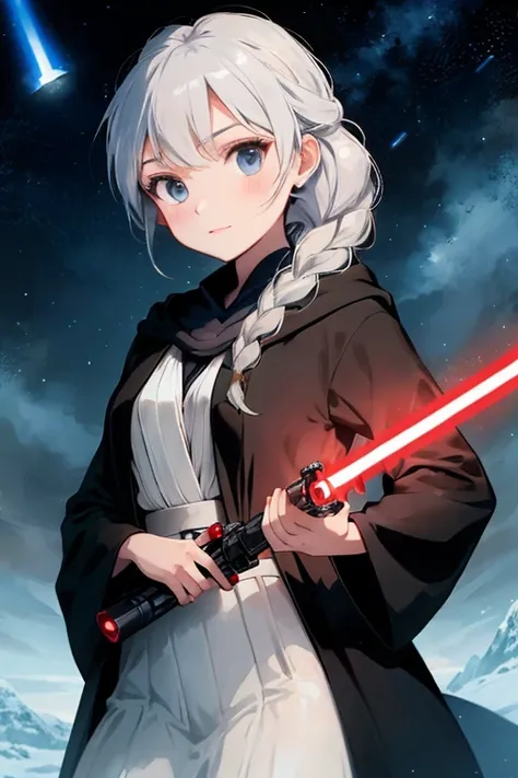 Disney princess from Frozen dressed in a black Sith robe and holding a red Star Wars-style lightsaber in her hands, with the clone army in the background